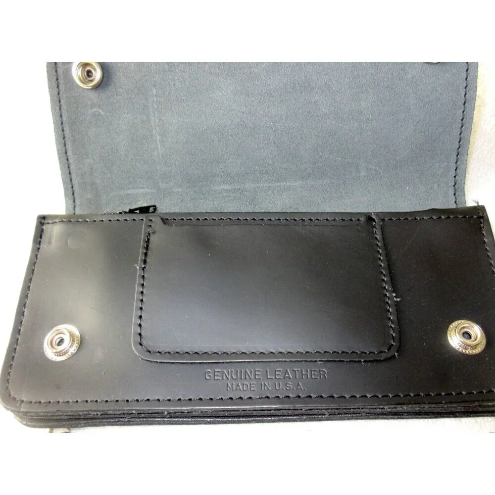 Men's Genuine Leather Skull Skeleton Trucker Snap Chain Wallet Black USA Made